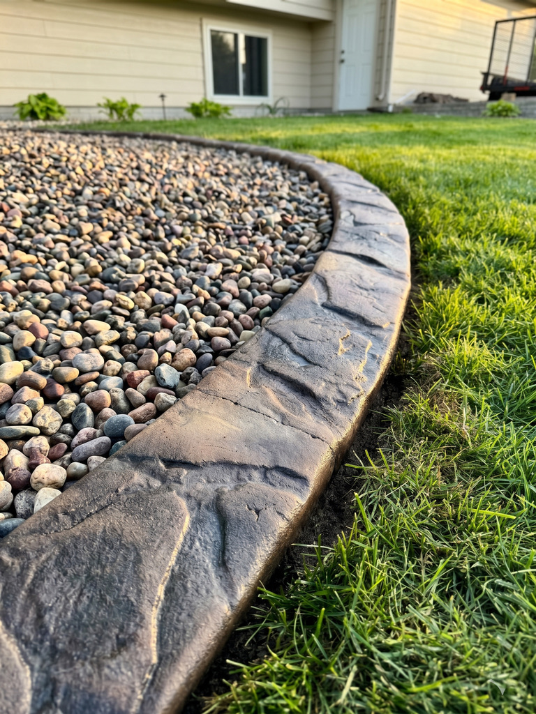 Deep-stone stamped curbing — earth-toned rock bed