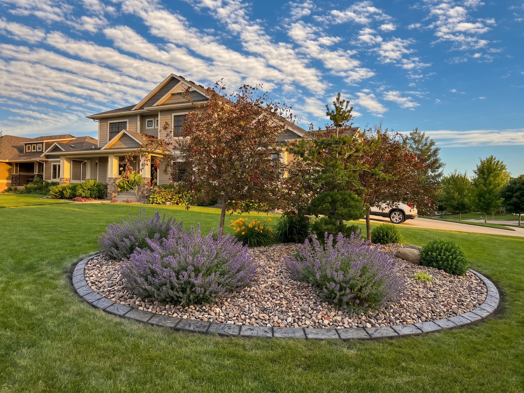 Circular feature bed with lavender plantings