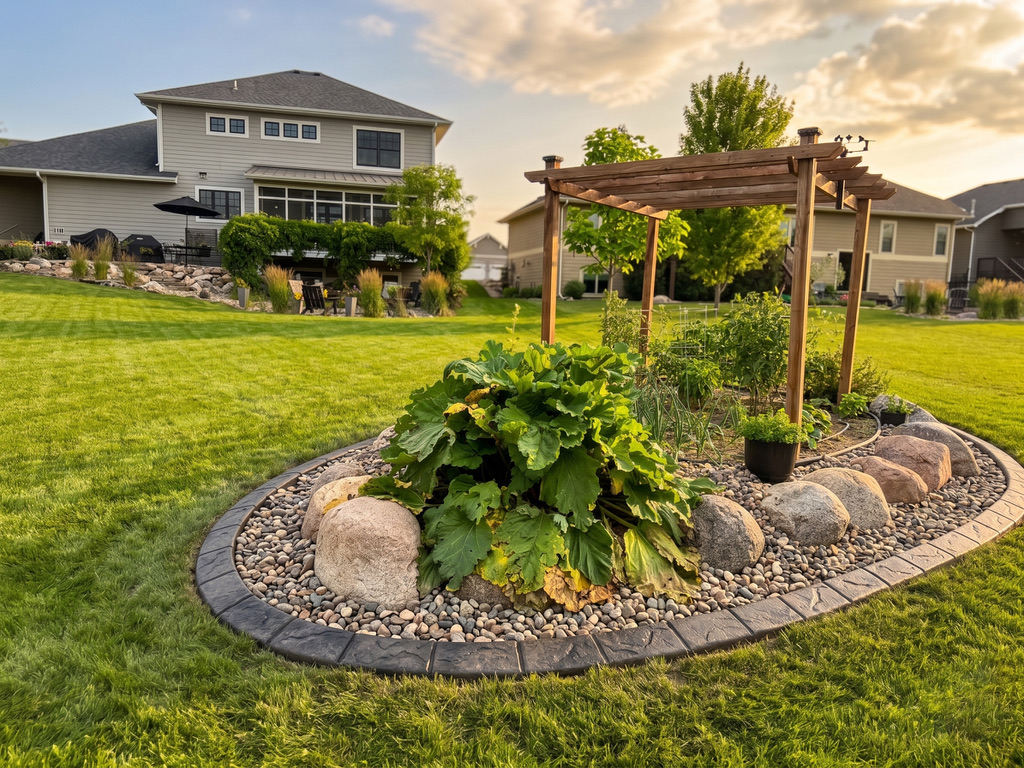 Garden island with pergola and boulder accents