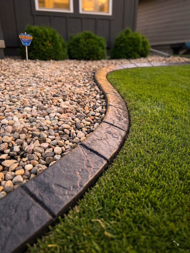 Close-up of stone-textured edge against fresh sod
