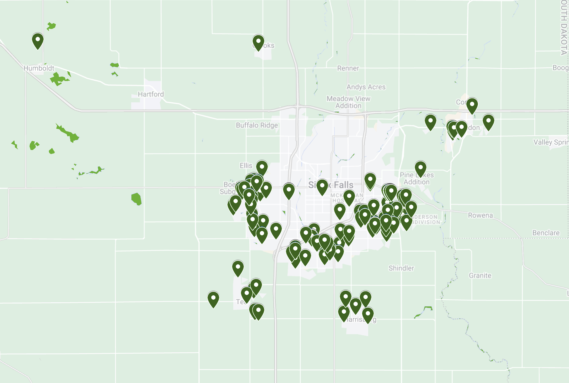Map of completed Concrete Contours jobs across Sioux Falls and surrounding communities
