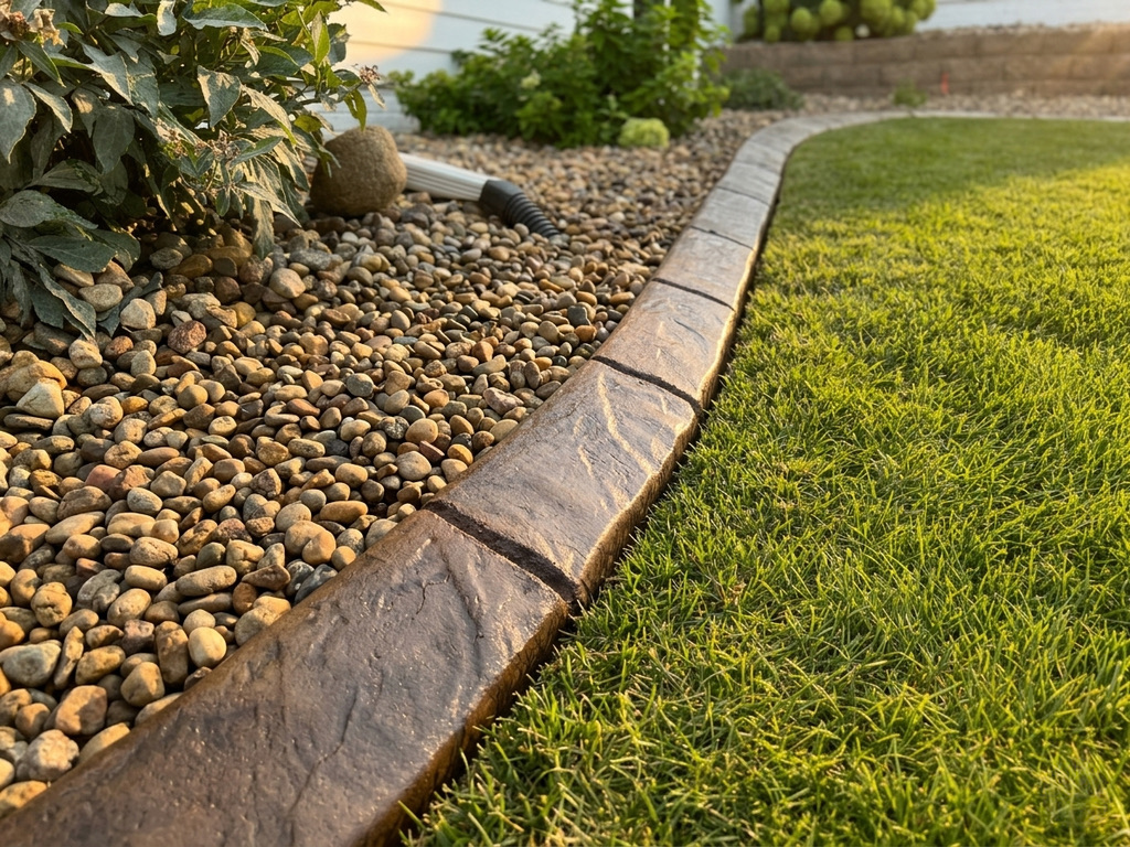 Walnut-toned curb hugging a side yard